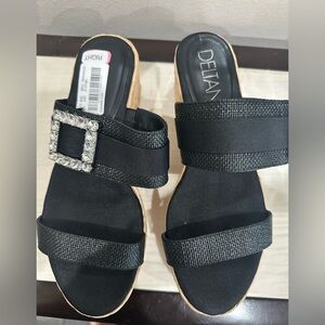 Delta Elegant Black Wedge Sandals with Crystal Accent